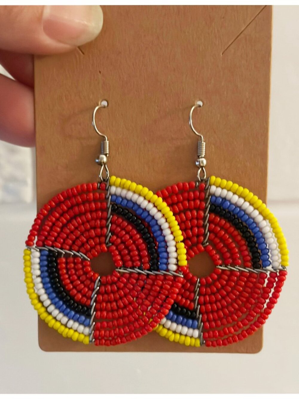 Handmade Maasai Beaded Disc Earrings – Bold Boho Statement Earrings Red NEW